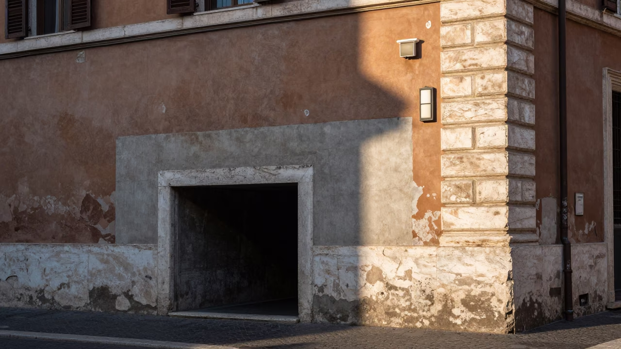 Morning Light on Roman Street Corner with Concrete Patch and Wall Sconce in in Rome, Italy