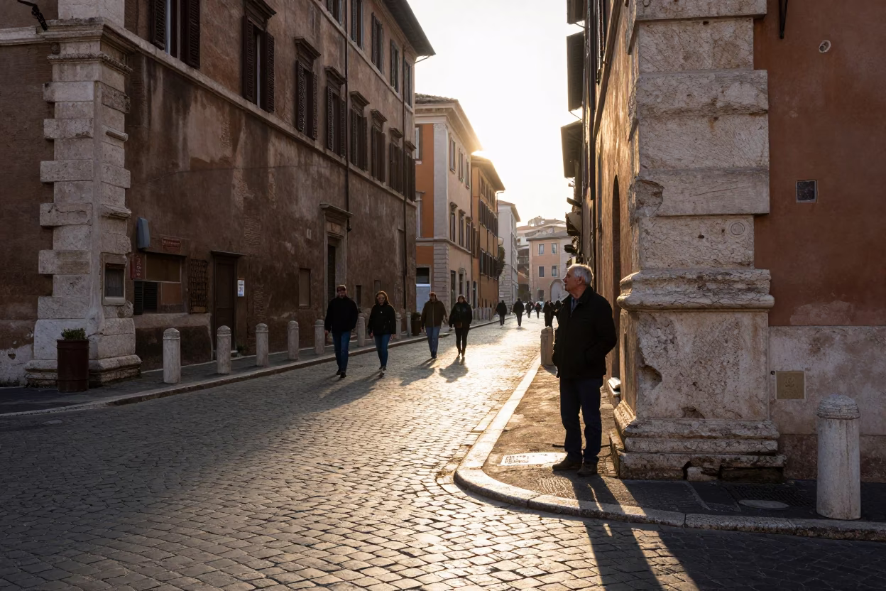 Morning Light on Roman Street Corner with Old Man and Cardigan in in Rome, Italy