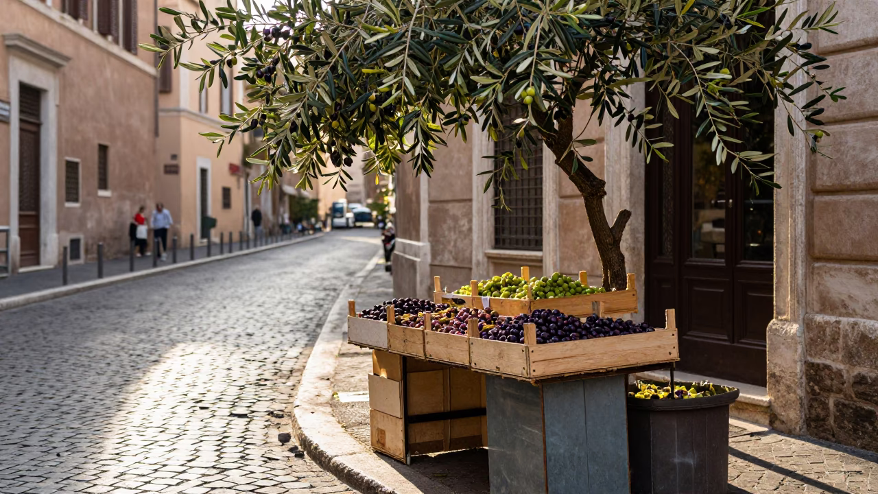 Morning Light on Roman Street Corner with Olives and Weathered Plaster Wall in in Rome, Italy