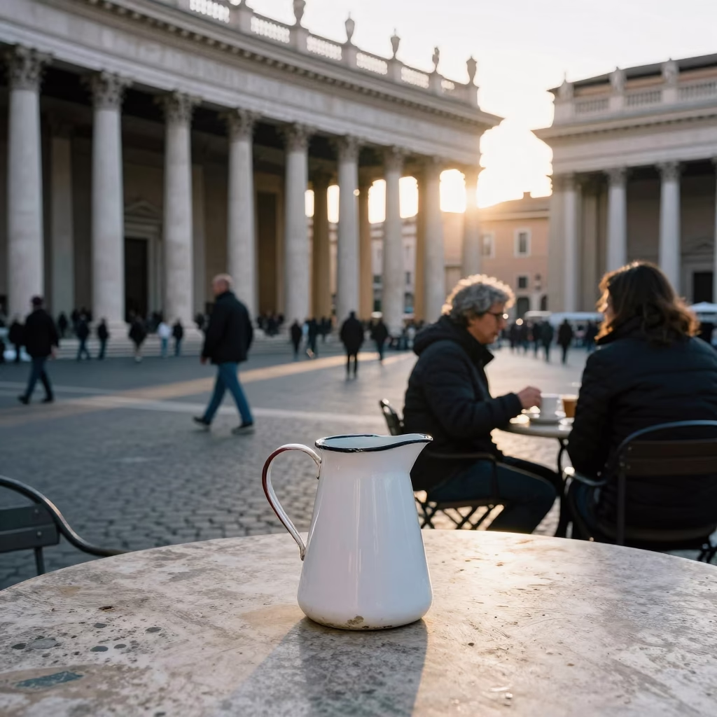 Morning Light on Rome Piazza with Vintage Enamel Pitcher and Linen Fringe in in Rome, Italy
