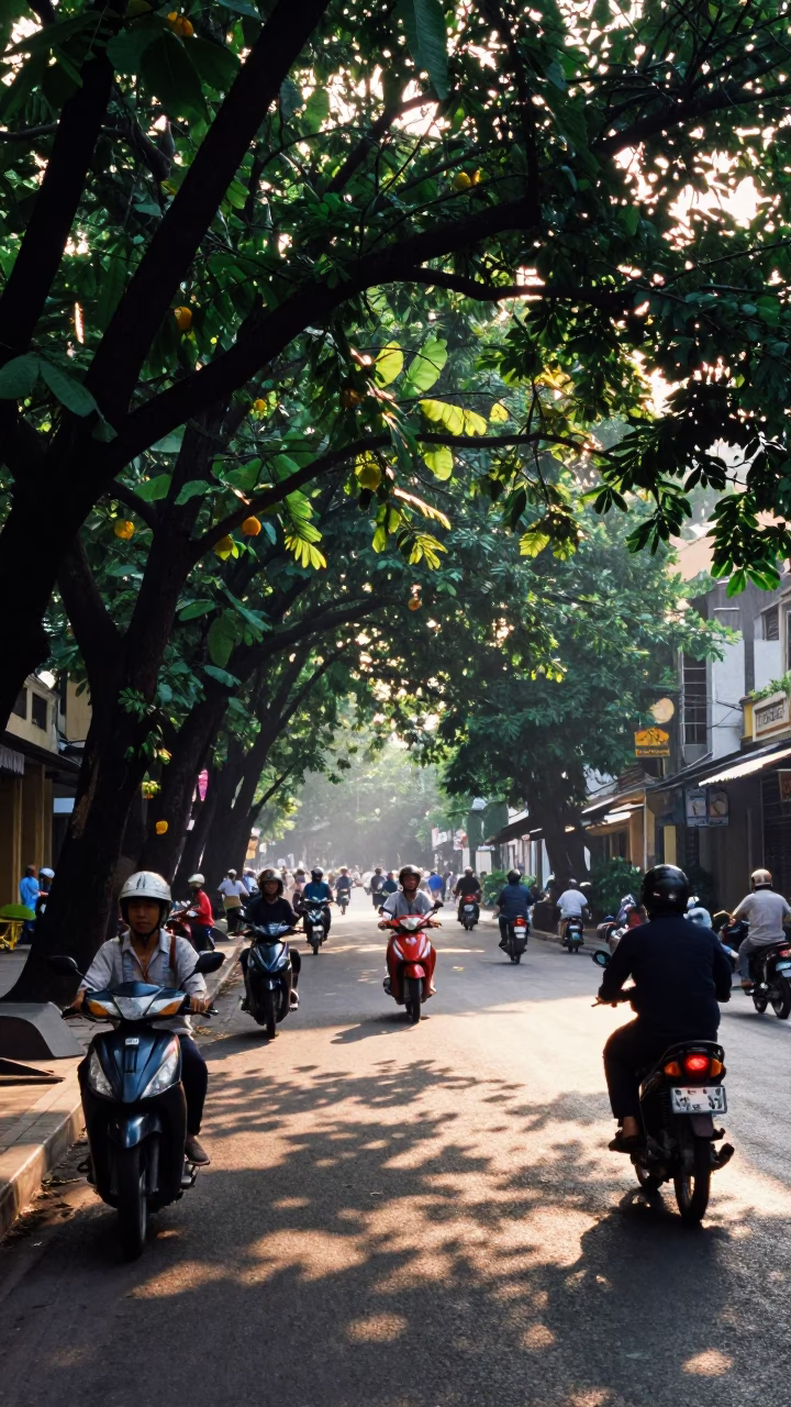 Morning Light on Saigon Street with Motorbikes and Concrete Buildings in in Ho Chi Minh City, Vietnam