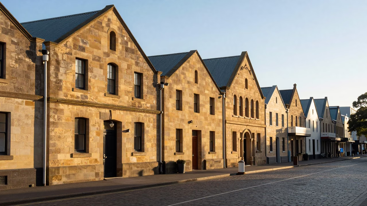 Morning light on Salamanca Place Hobart Tasmania historic sandstone buildings in in Hobart, Tasmania, Australia