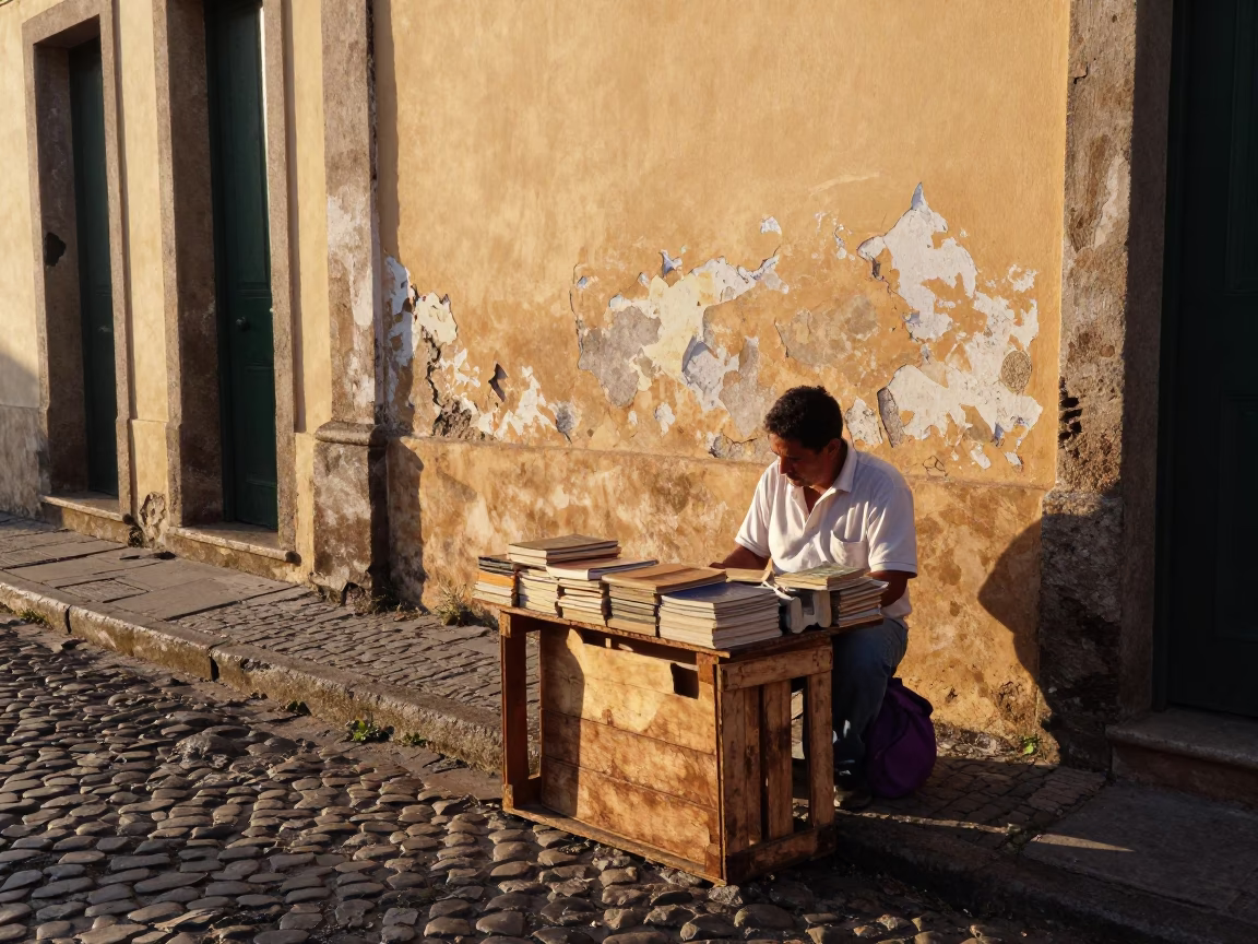 Morning Light on Salvador Brazil Street Corner with Paperbacks and Steel Basin in in Salvador, Brazil