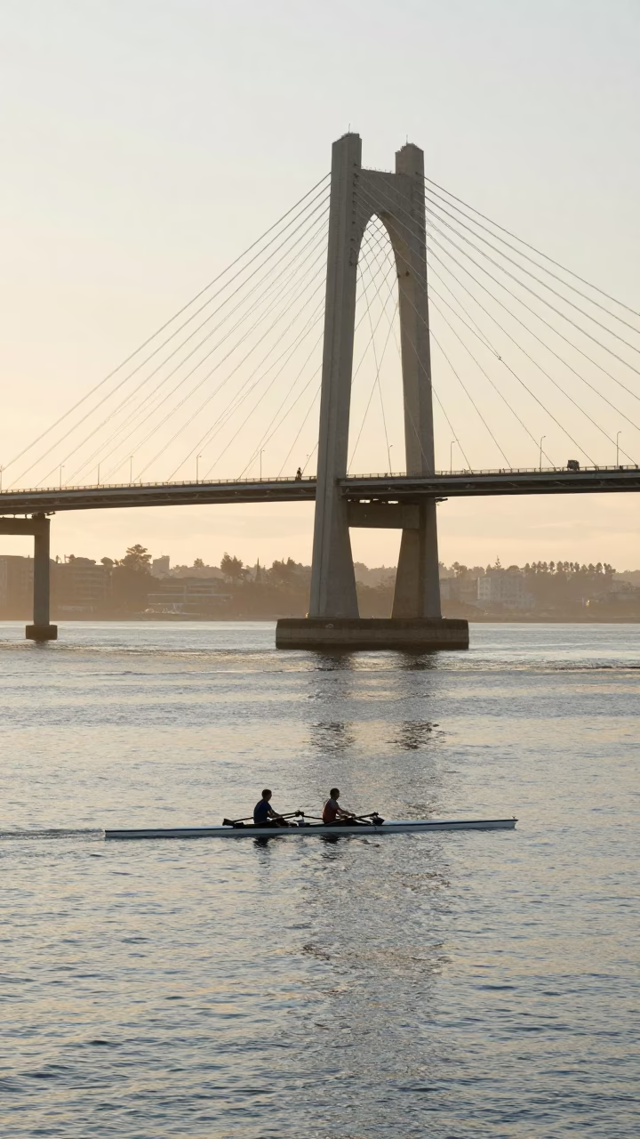 Morning Light on San Diego Bay with Cable-Stayed Bridge and Rowing Shell in in San Diego, California, United States
