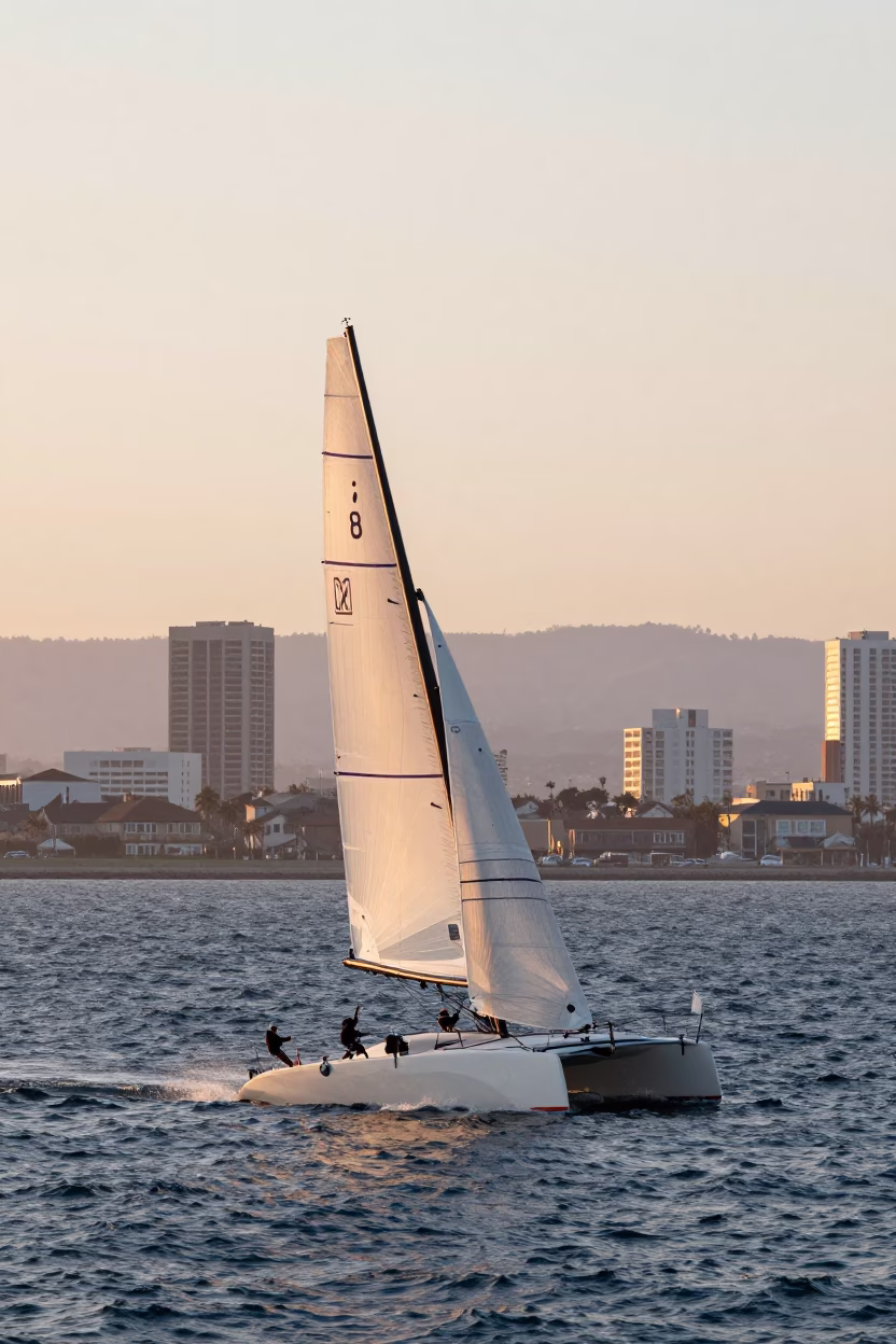 Morning Light on San Diego Bay with Racing Catamaran Heeling in Wind in in San Diego, California, United States