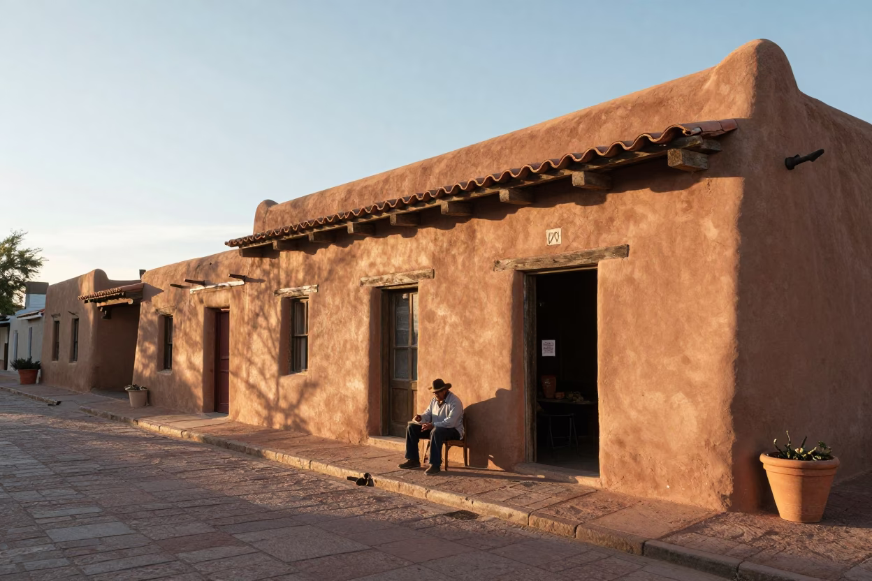 Morning light on Santa Fe adobe street with local artisan and traditional wash basin in in Santa Fe, New Mexico, United States