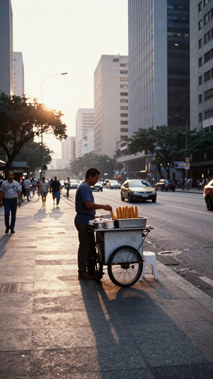 Morning Light on São Paulo Avenida Paulista Street Vendor Churros and City Skyline in in São Paulo, Brazil