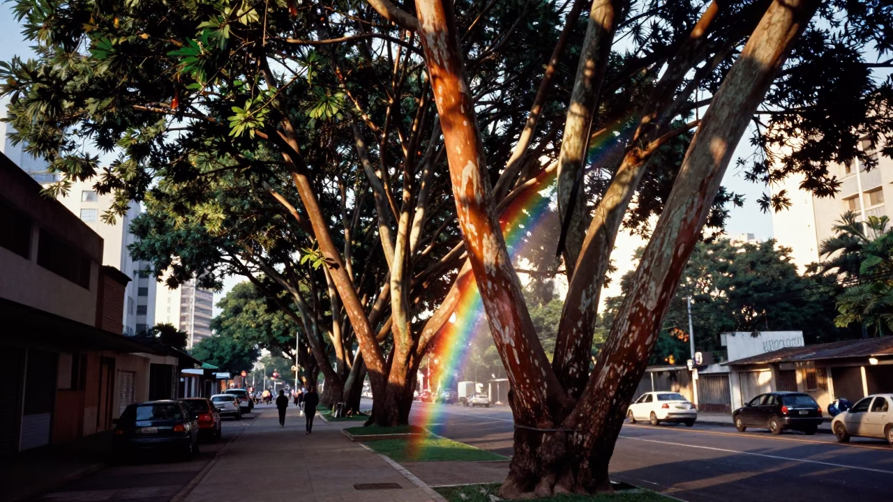 Morning Light on São Paulo Street with Rainbow Eucalyptus and Local Life in in São Paulo, Brazil