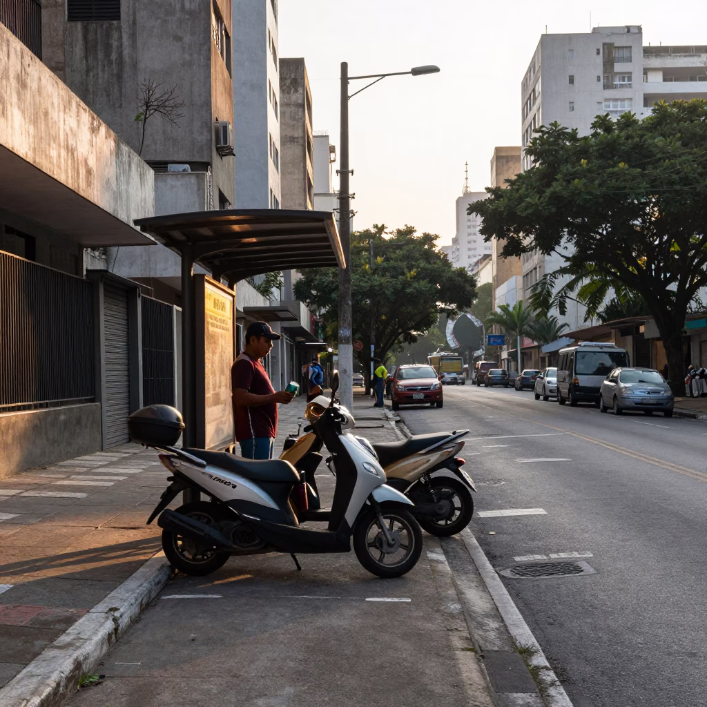 Morning Light on São Paulo Street with Thermos and Scooter in in São Paulo, Brazil