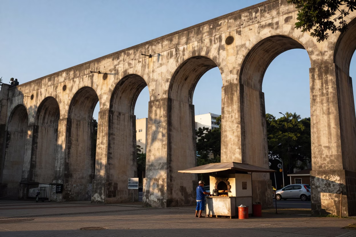 Morning light on São Paulo viaduct arches near traditional bread oven in in São Paulo, Brazil