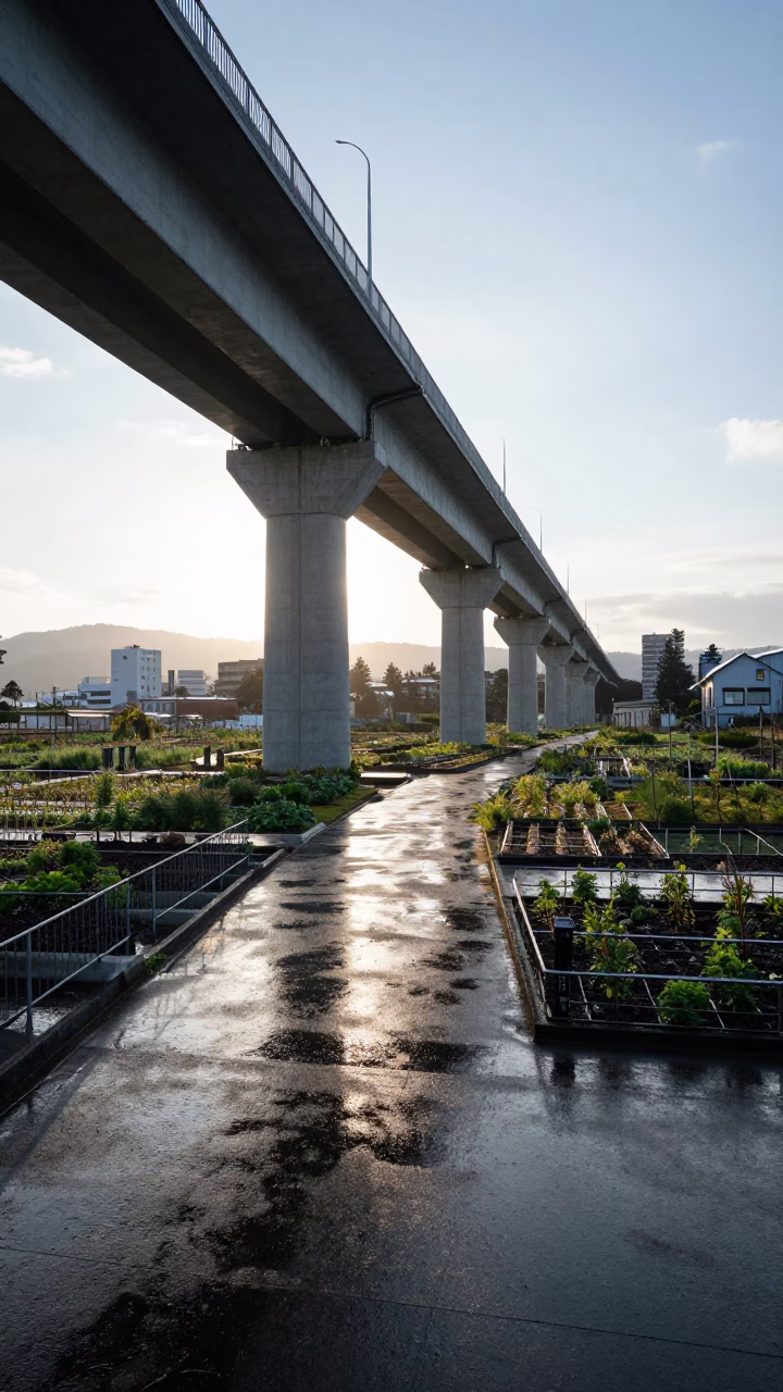Morning Light on Sapporo Viaduct Shadowing Rain-Wet Allotment Gardens in in Sapporo, Japan