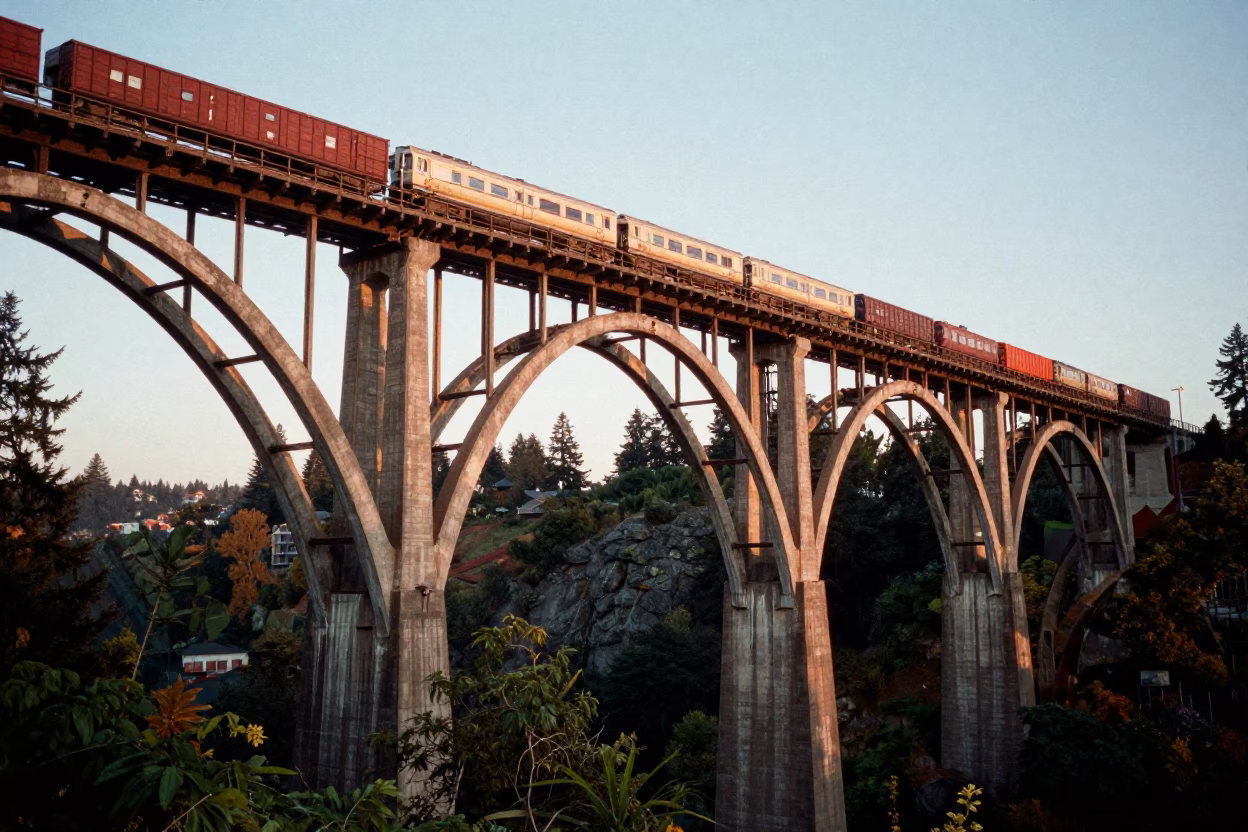 Morning Light on Seattle Railway Viaduct Arches with Passing Train in in Seattle, Washington, United States