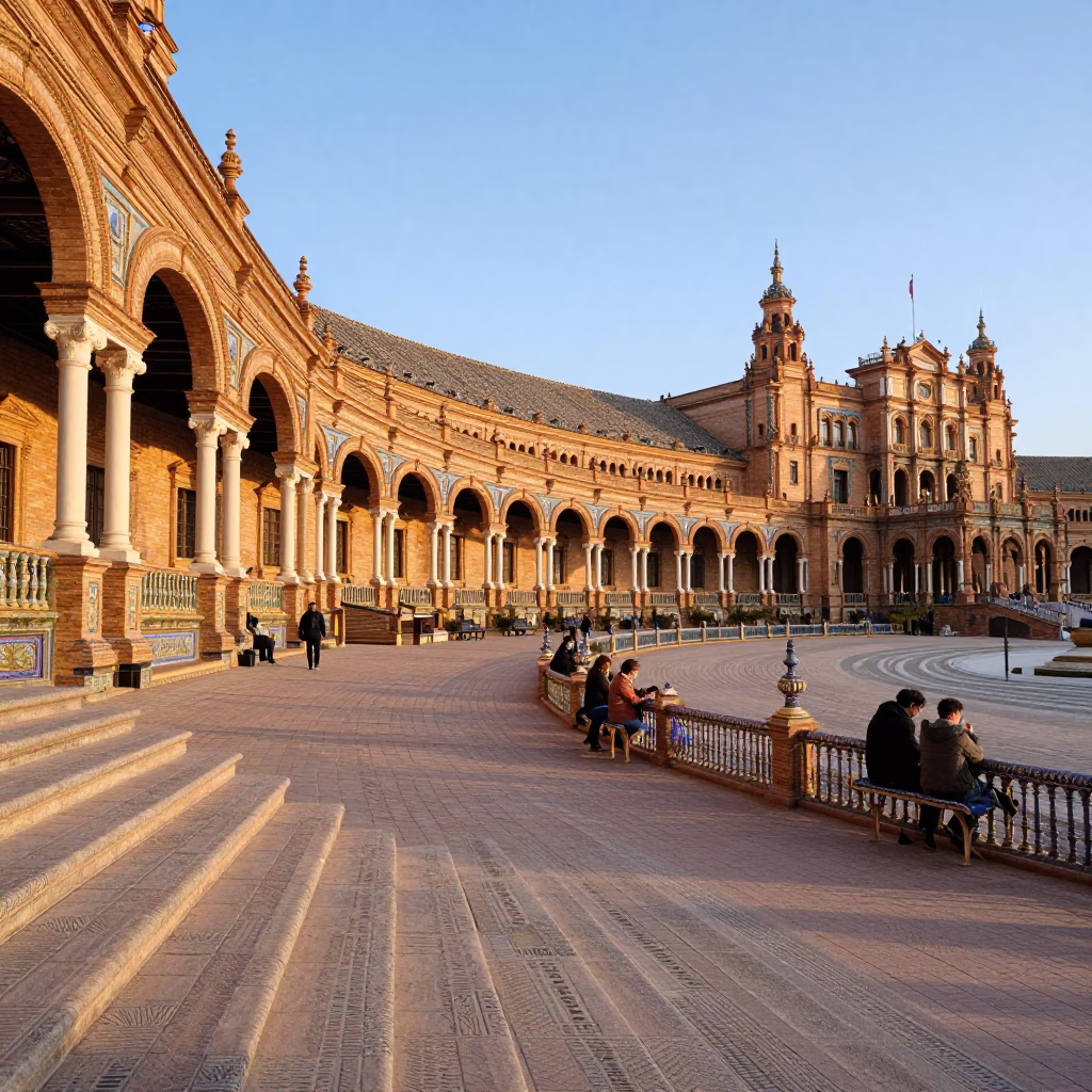 Morning Light on Seville Plaza de España Steps with Tourist Activity in in Seville, Spain