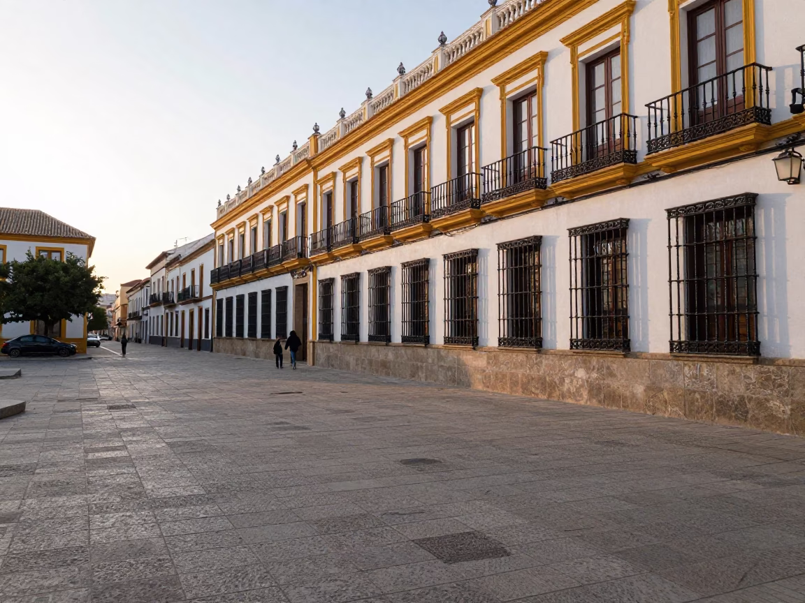Morning Light on Seville Plaza Ironwork and Local Street Scene Just After Sunrise in in Seville, Spain