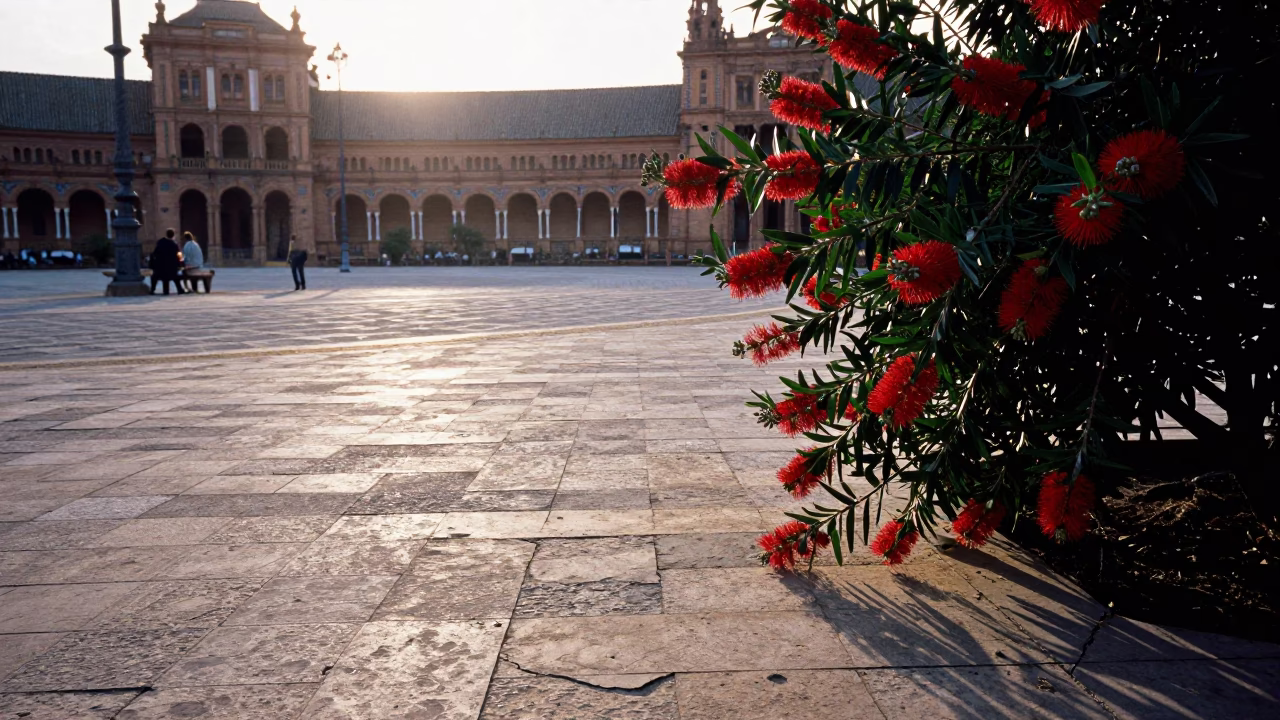 Morning Light on Seville Plaza with Bottle Brush and Twine on Stone in in Seville, Spain