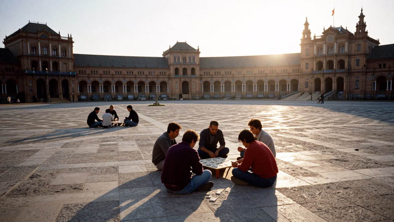 Morning light on Seville plaza with domino players and old latch details in in Seville, Spain