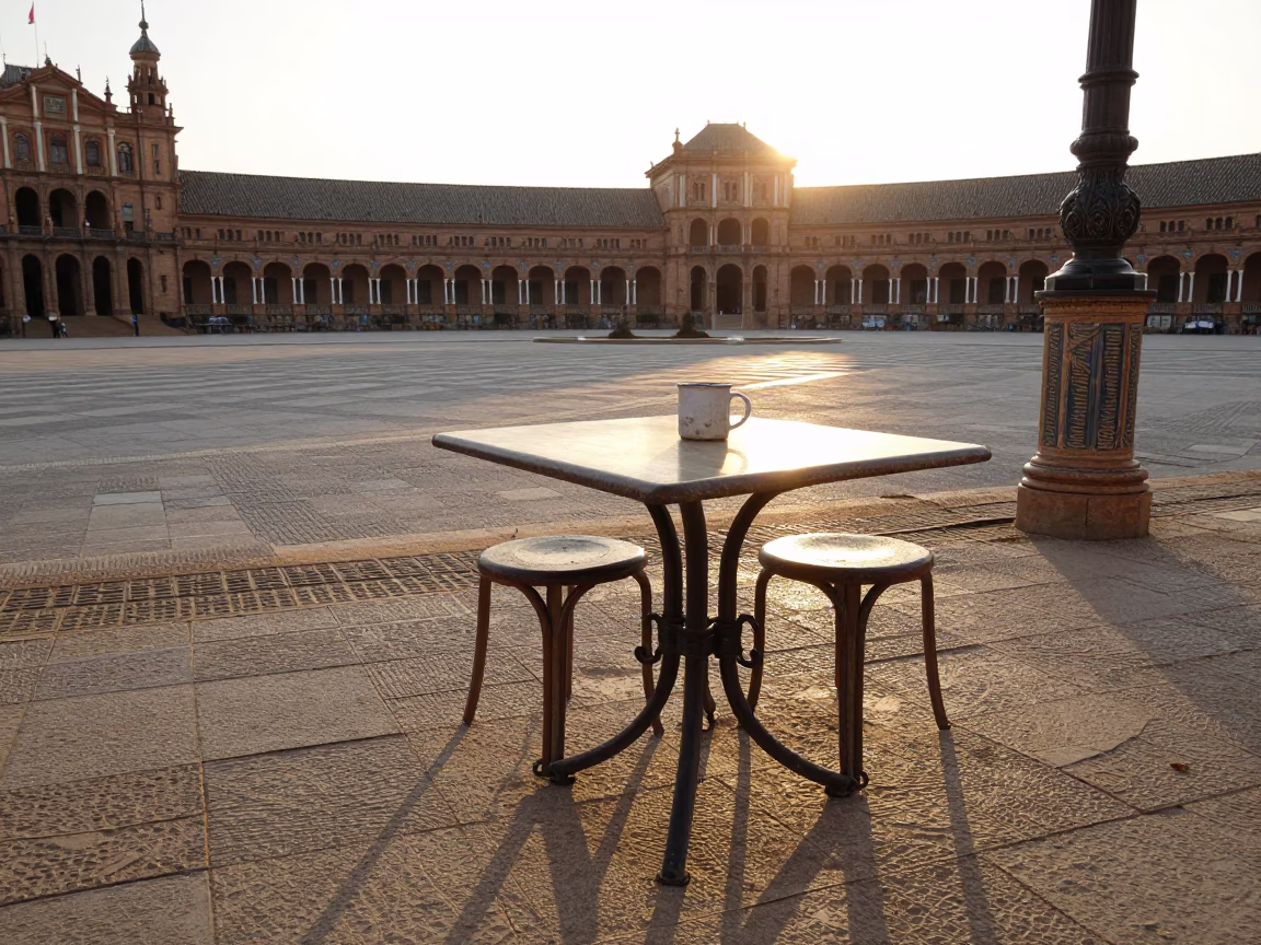 Morning Light on Seville Plaza with Rustic Table and Blue Porcelain Details in in Seville, Spain