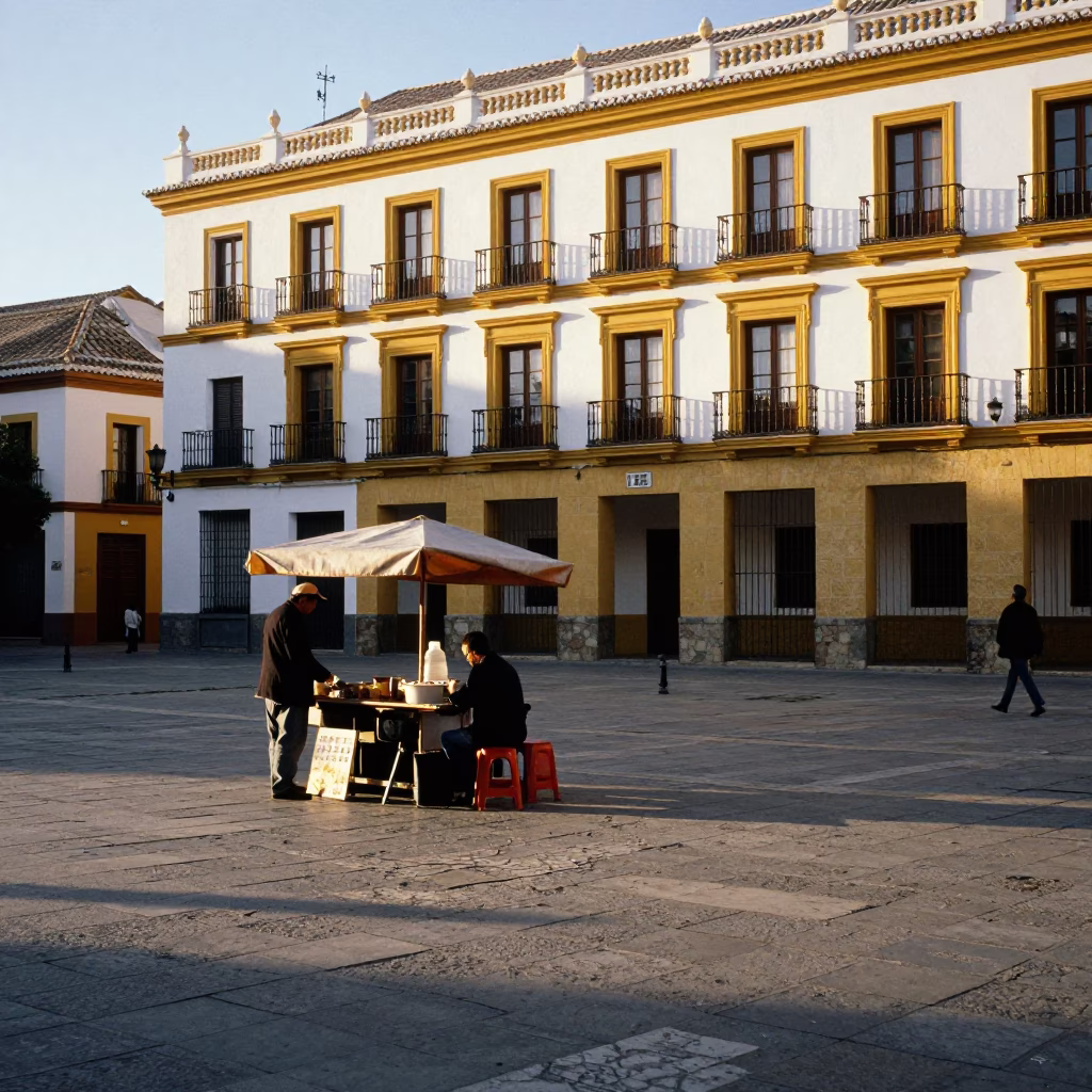 Morning light on Seville plaza with street vendor and local commerce in in Seville, Spain