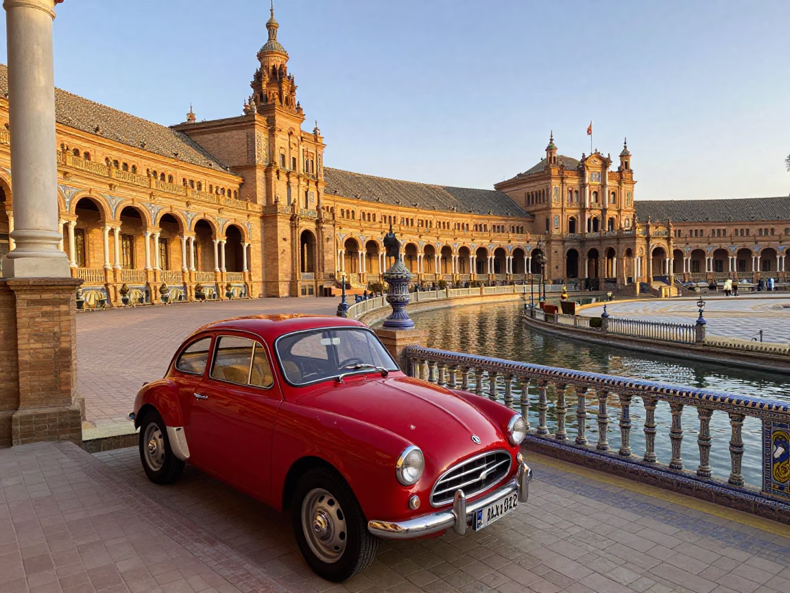 Morning Light on Seville Plaza with Vintage Red Car and Euphorbia Tree in in Seville, Spain