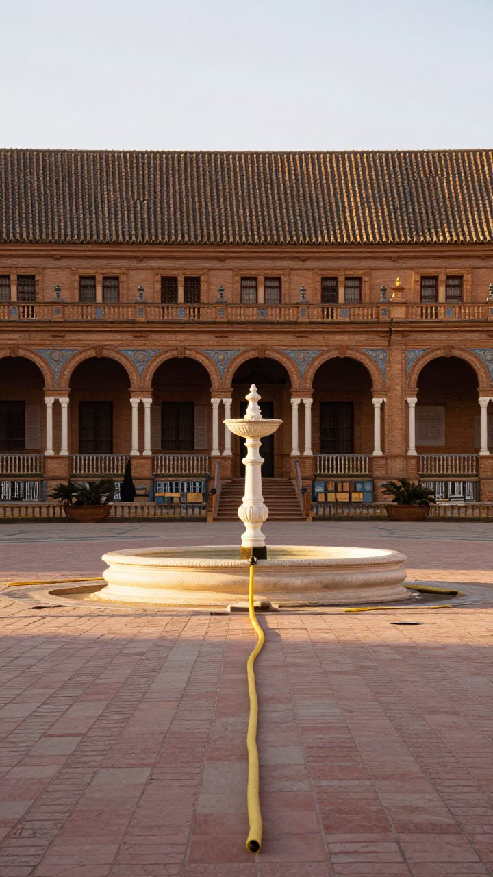 Morning light on Seville plaza with yellow hose and stone architecture in in Seville, Spain