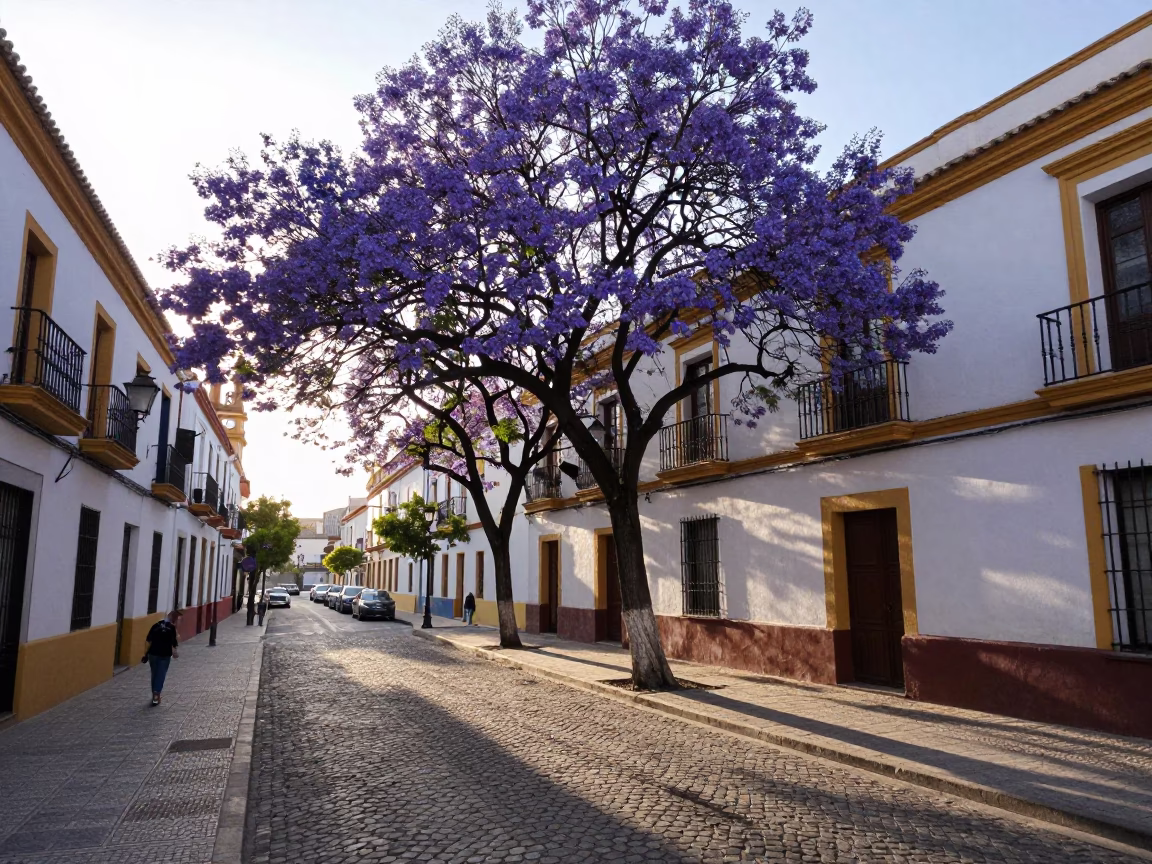 Morning Light on Seville Street with Jacaranda Tree and Local Market Produce in in Seville, Spain