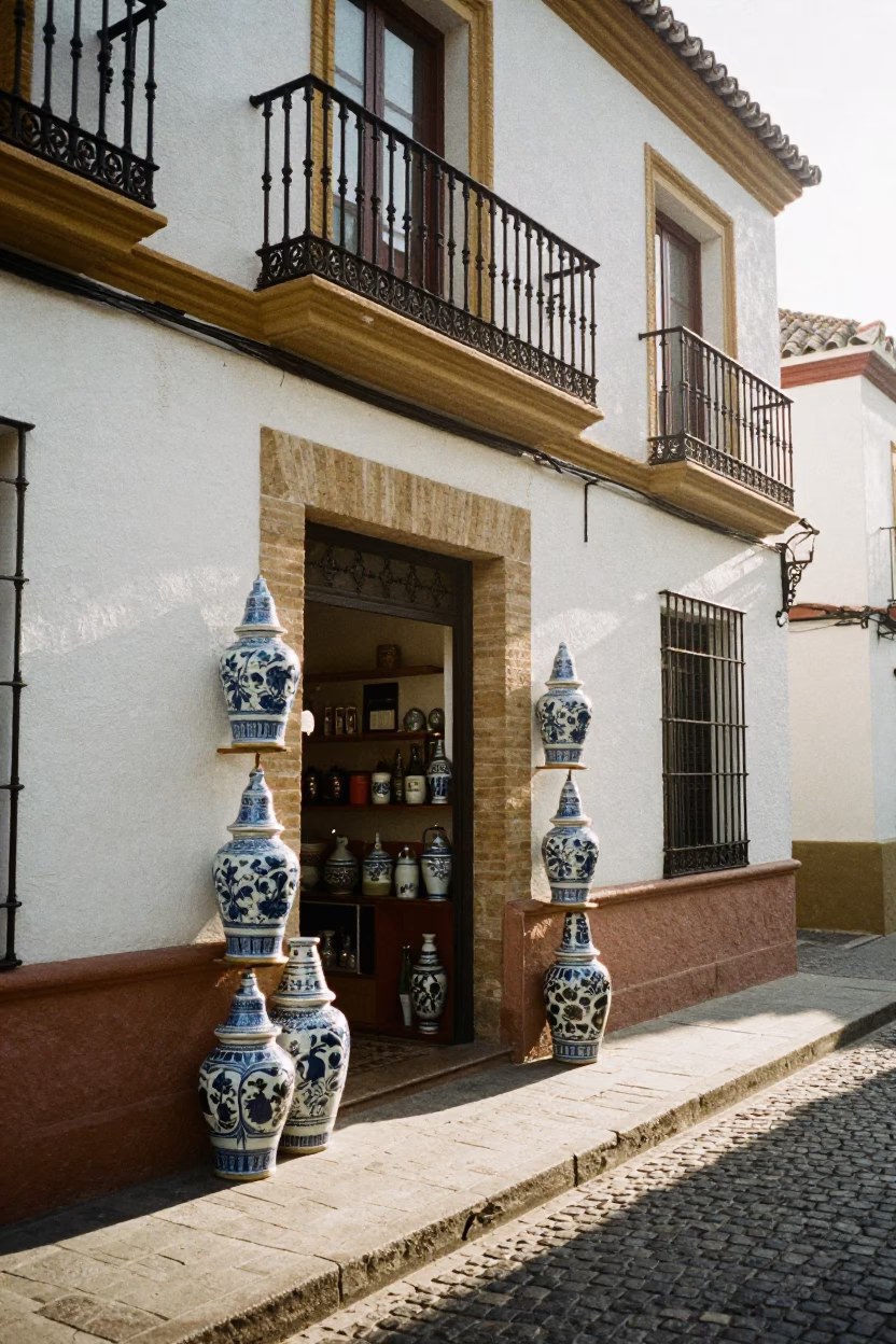 Morning light on Seville street with porcelain jars and vintage motorcycle sidecar in in Seville, Spain