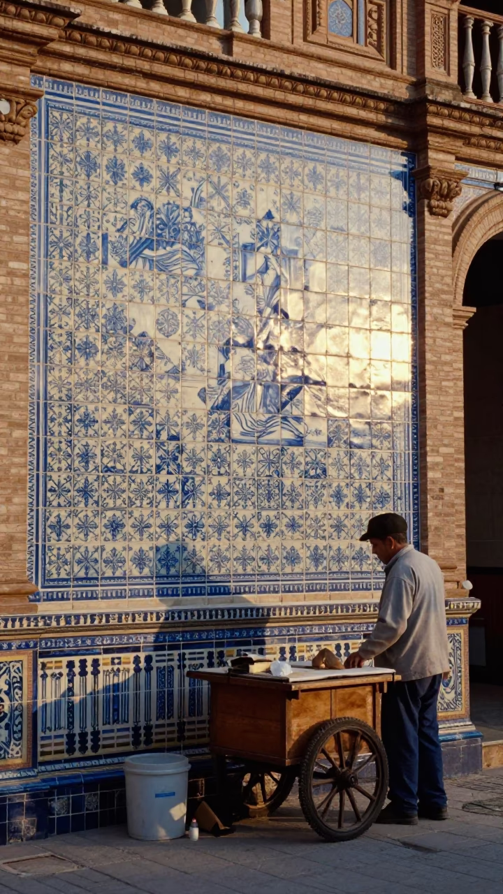 Morning light on Seville tile facade with local vendor arranging goods in in Seville, Spain
