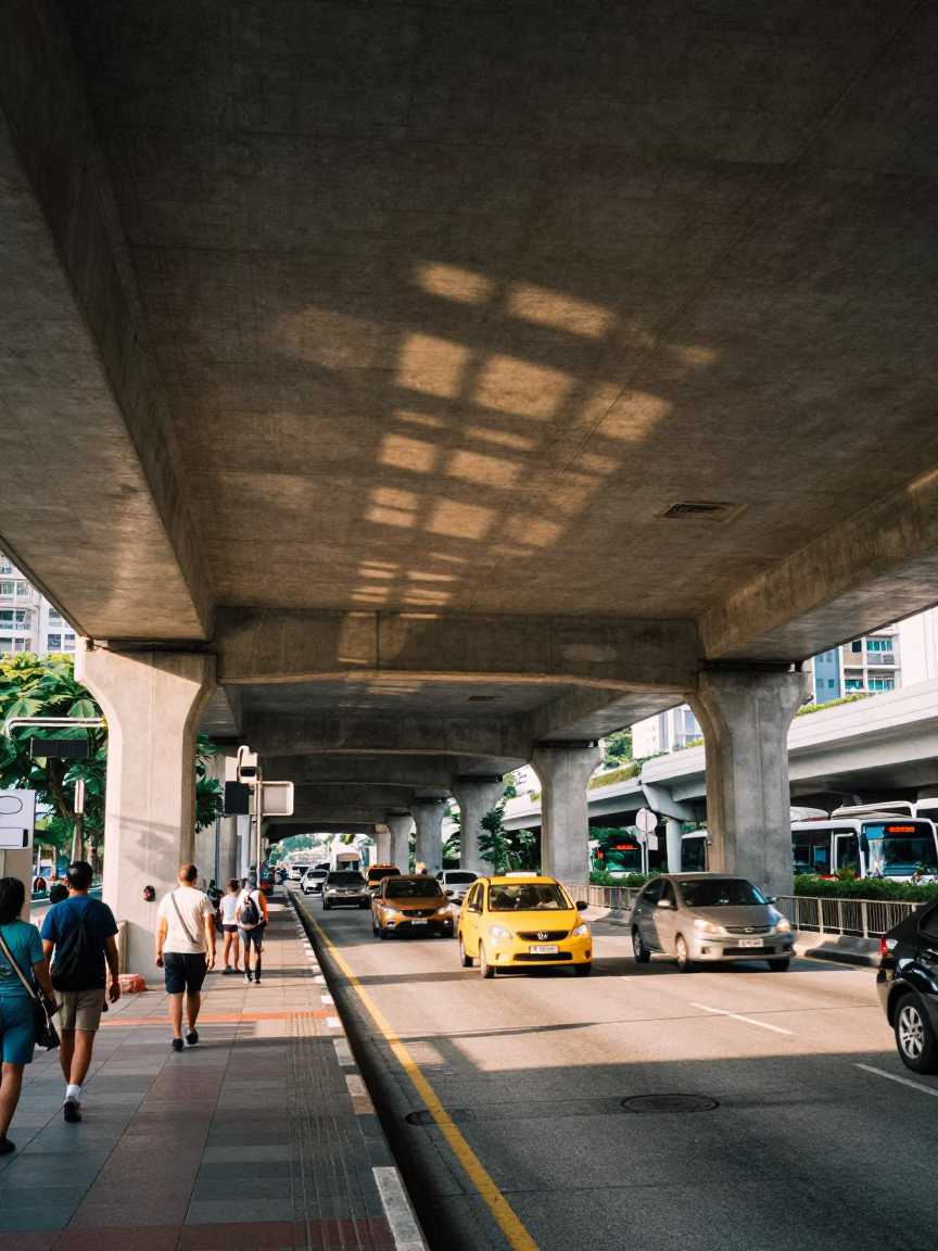Morning light on Singapore flyover underside with striped shadows and street level activity in in Singapore, Singapore