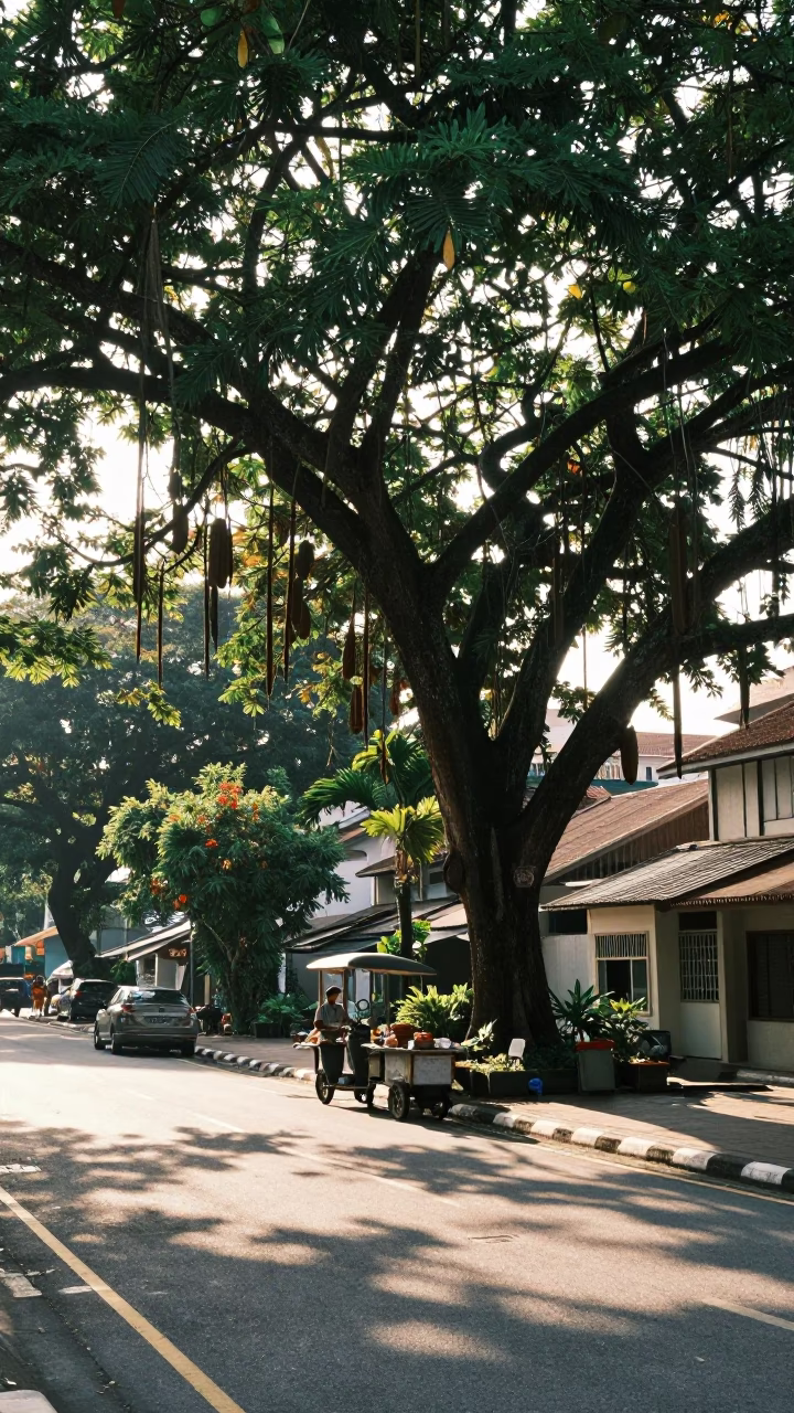 Morning light on Singapore street with tamarind tree and tart tin in in Singapore, Singapore