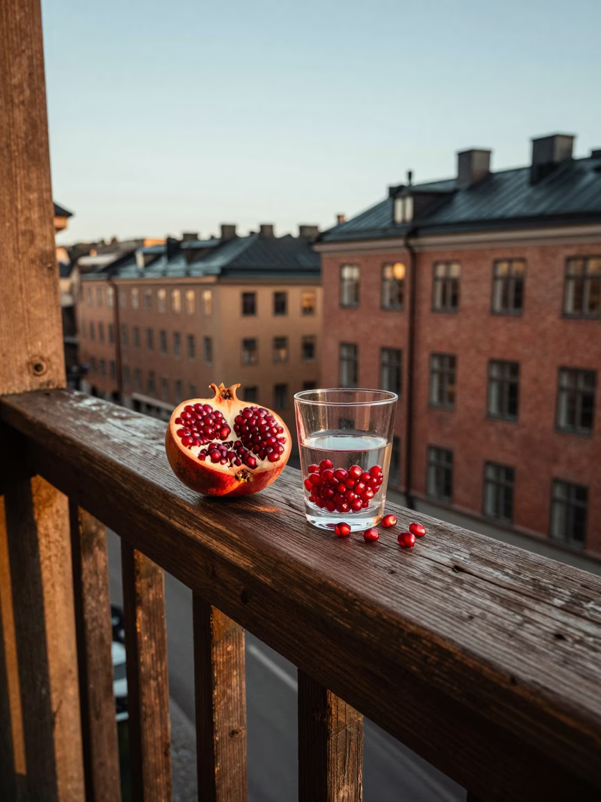 Morning light on Stockholm balcony with pomegranate and glass tumblers in in Stockholm, Sweden