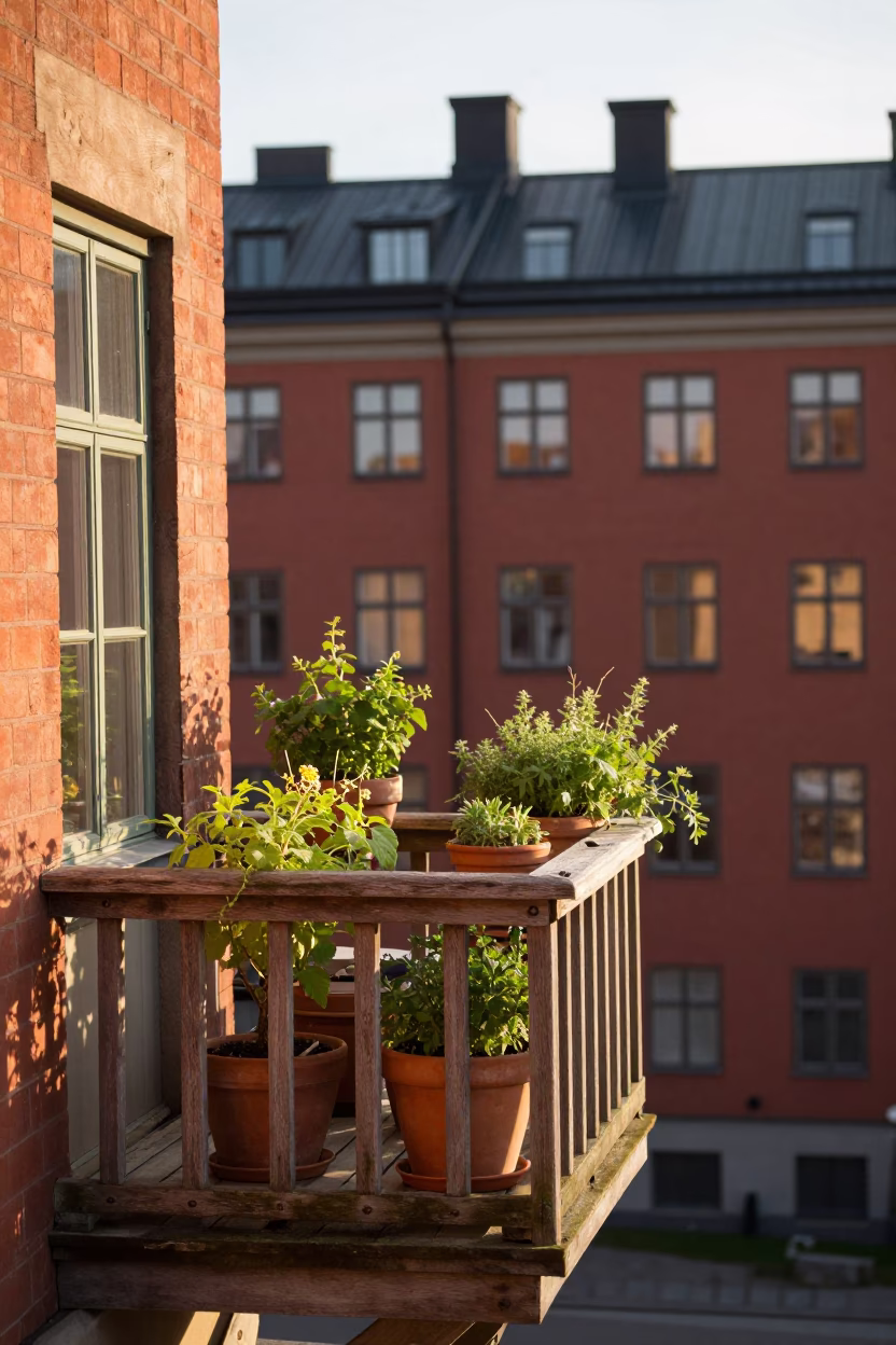 Morning light on Stockholm balcony with potted herbs and laundry line in in Stockholm, Sweden