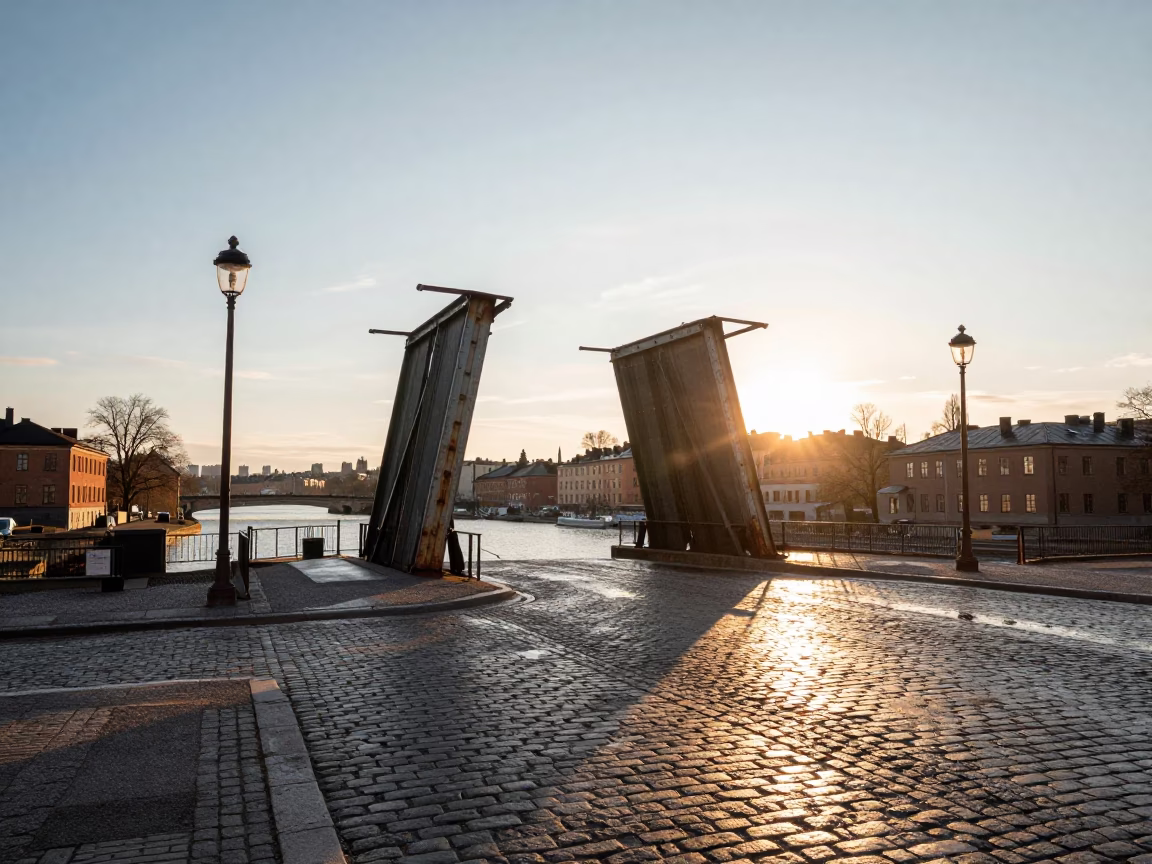 Morning Light on Stockholm Canal Drawbridge and Cobblestone Street Scene in in Stockholm, Sweden