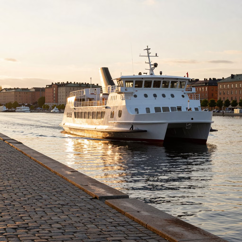 Morning Light on Stockholm Canal with Catamaran Ferry and Leaf Shadows in in Stockholm, Sweden