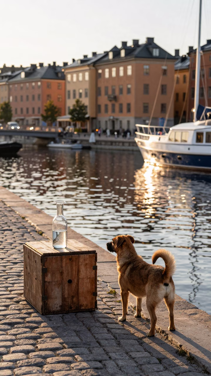 Morning Light on Stockholm Canals with Dog and Vintage Carafe in in Stockholm, Sweden