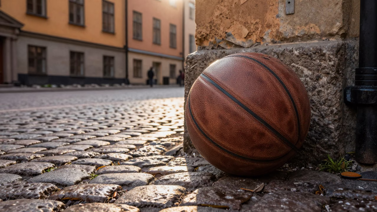 Morning light on Stockholm cobblestones with old leather ball and metal bucket near university in in Stockholm, Sweden