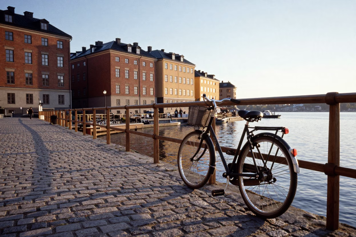 Morning light on Stockholm waterfront with vintage bicycle and cobblestone streets in in Stockholm, Sweden