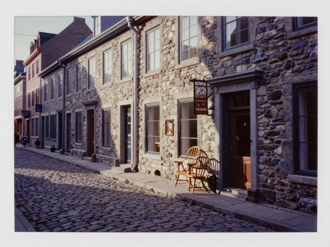 Morning light on stone streets of Old Quebec City with fogged window in in Quebec City, Quebec, Canada