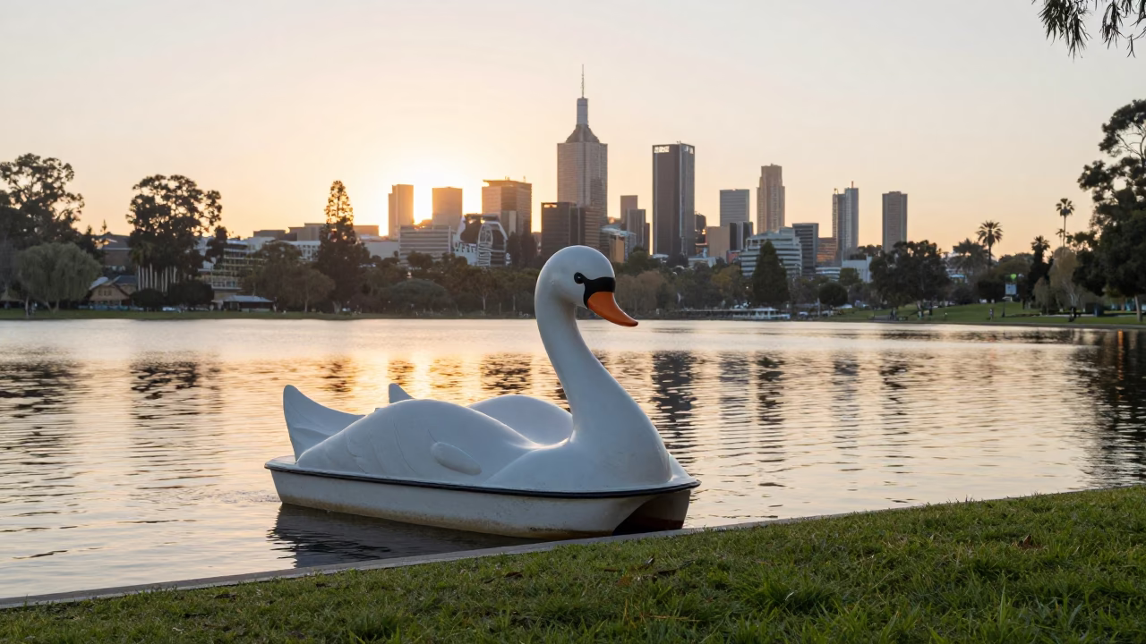 Morning Light on Swan Pedal Boat at Melbourne Park Lake in in Melbourne, Victoria, Australia