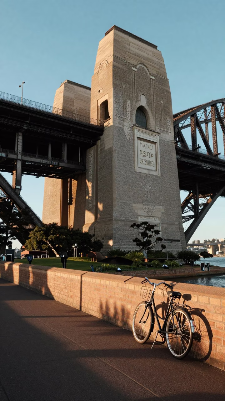 Morning Light on Sydney Harbour Bridge Pylon with Vintage Bicycle and Street Vendor in in Sydney, New South Wales, Australia