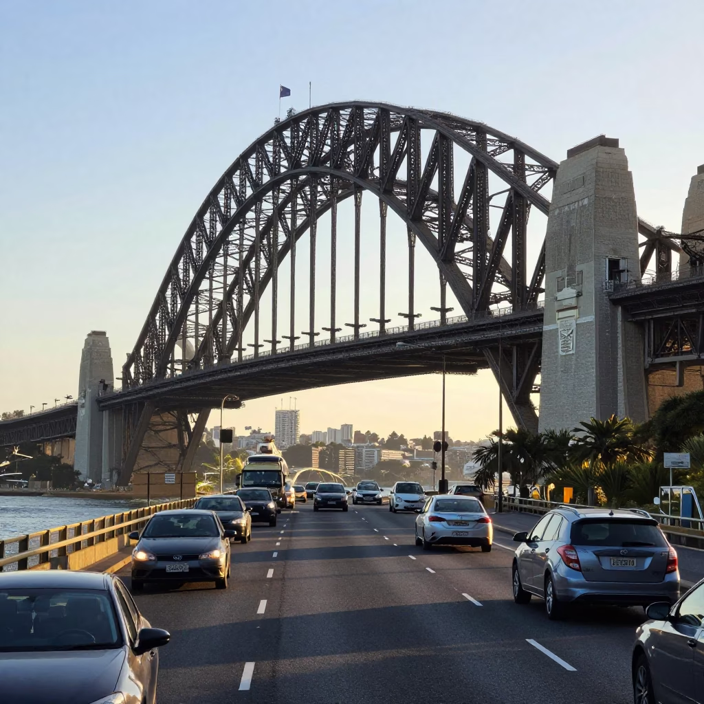 Morning light on Sydney Harbour Bridge with traffic and city skyline in in Sydney, New South Wales, Australia
