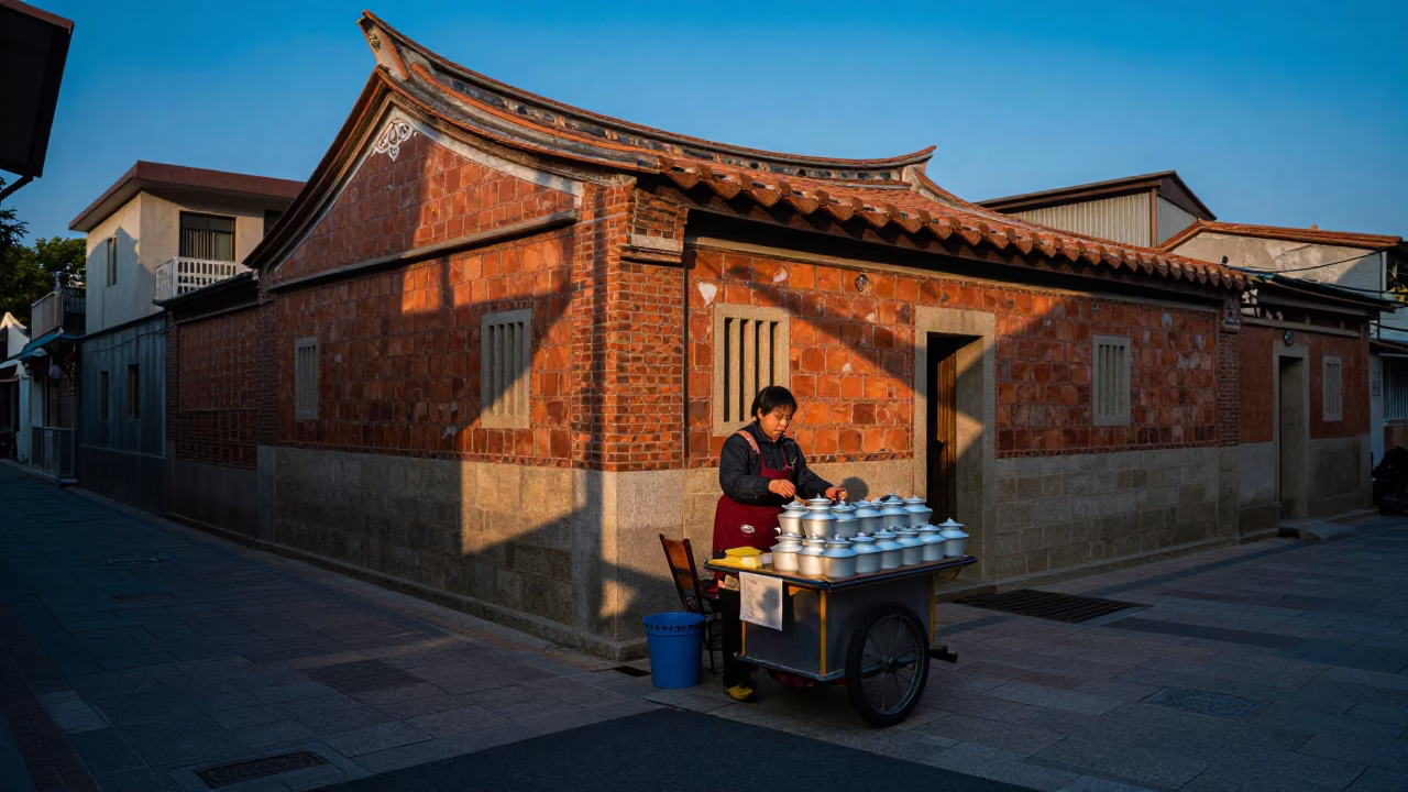 Morning light on Tainan street corner with tea seller and ceramic cup in in Tainan, Taiwan