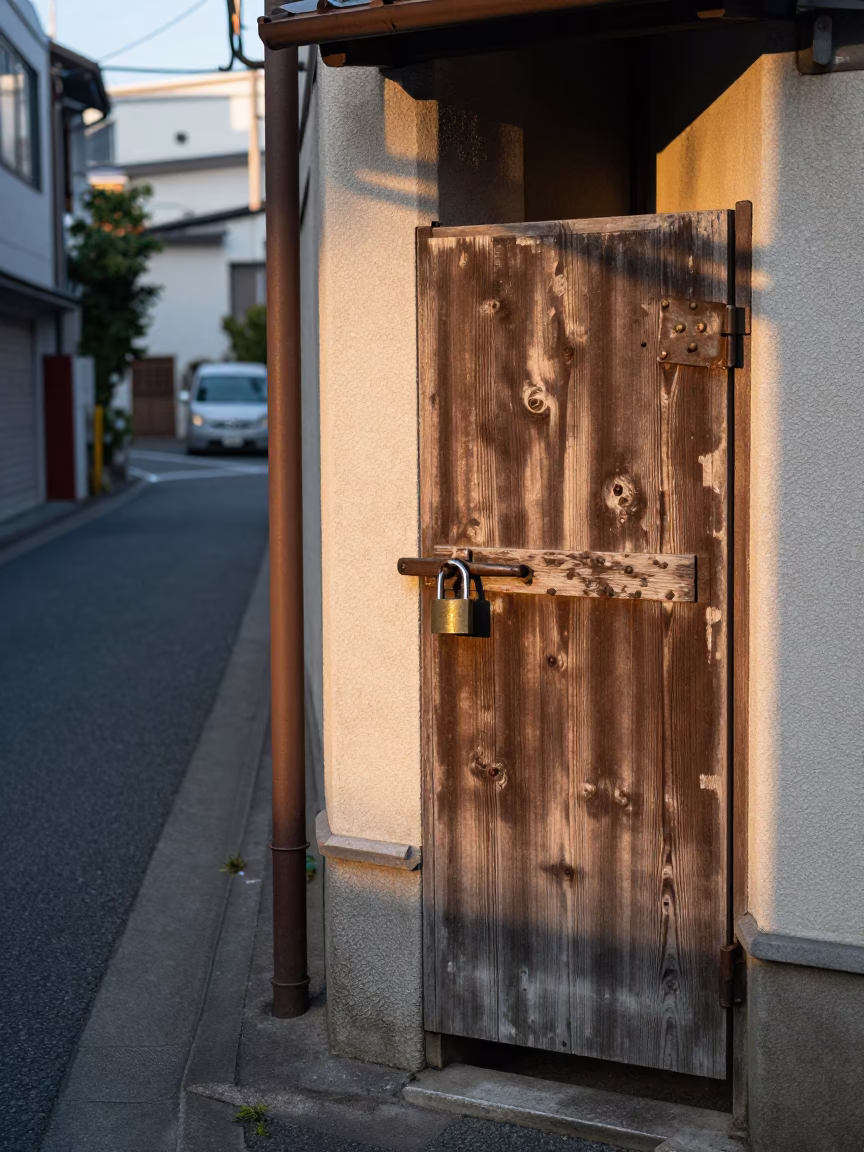 Morning light on Tokyo street corner with padlock and wicker shadow in in Tokyo, Japan