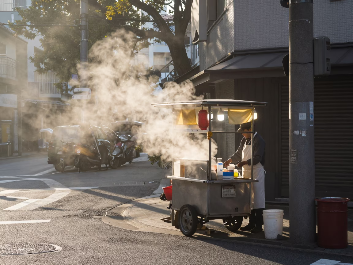 Morning light on Tokyo street corner with steam and urban details in in Tokyo, Japan