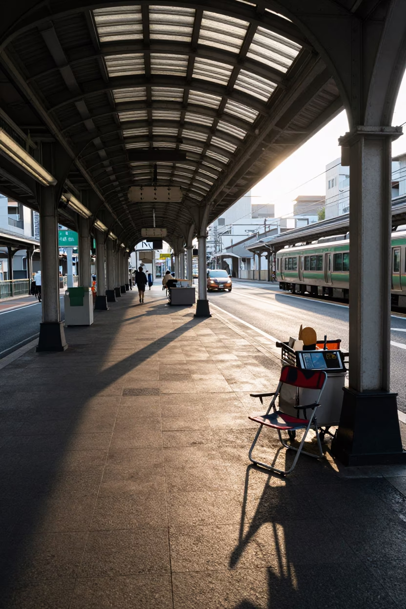 Morning light on Tokyo street with folding chair and apples near train station in in Tokyo, Japan
