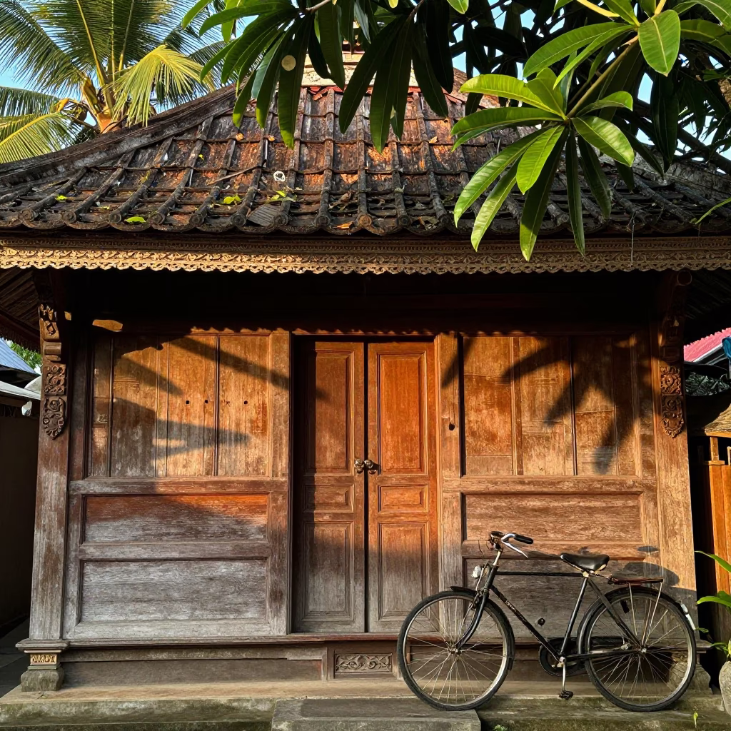 Morning Light on Traditional Balinese House Door with Bicycle and Gecko in Denpasar Indonesia in in Denpasar, Indonesia
