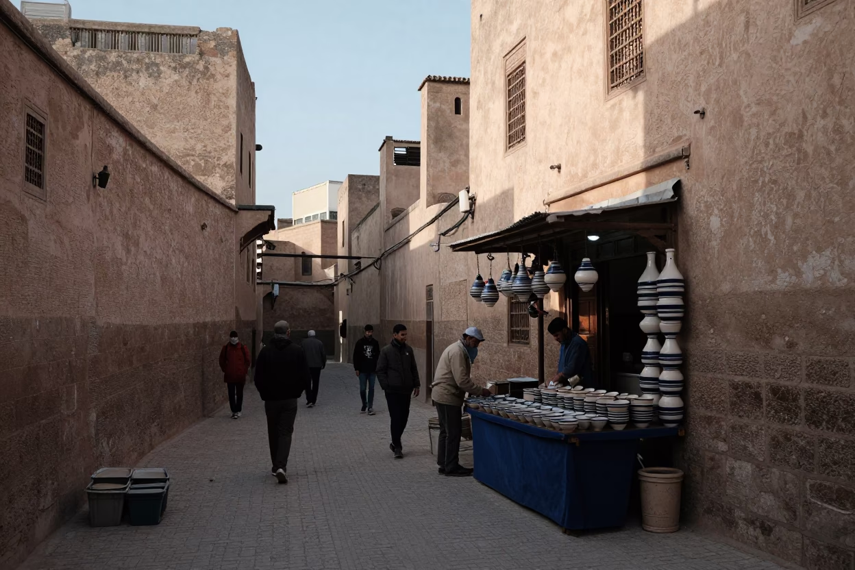 Morning light on traditional Fez medina street with ceramic bowls and local commerce in in Fez, Morocco