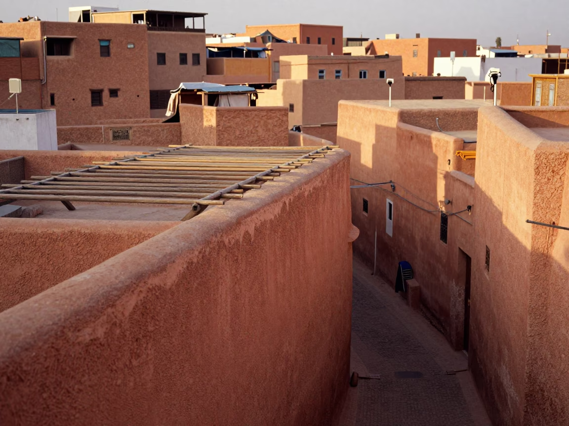 Morning Light on Traditional Fez Rooftops with Drying Racks and Clay Pots in in Fez, Morocco