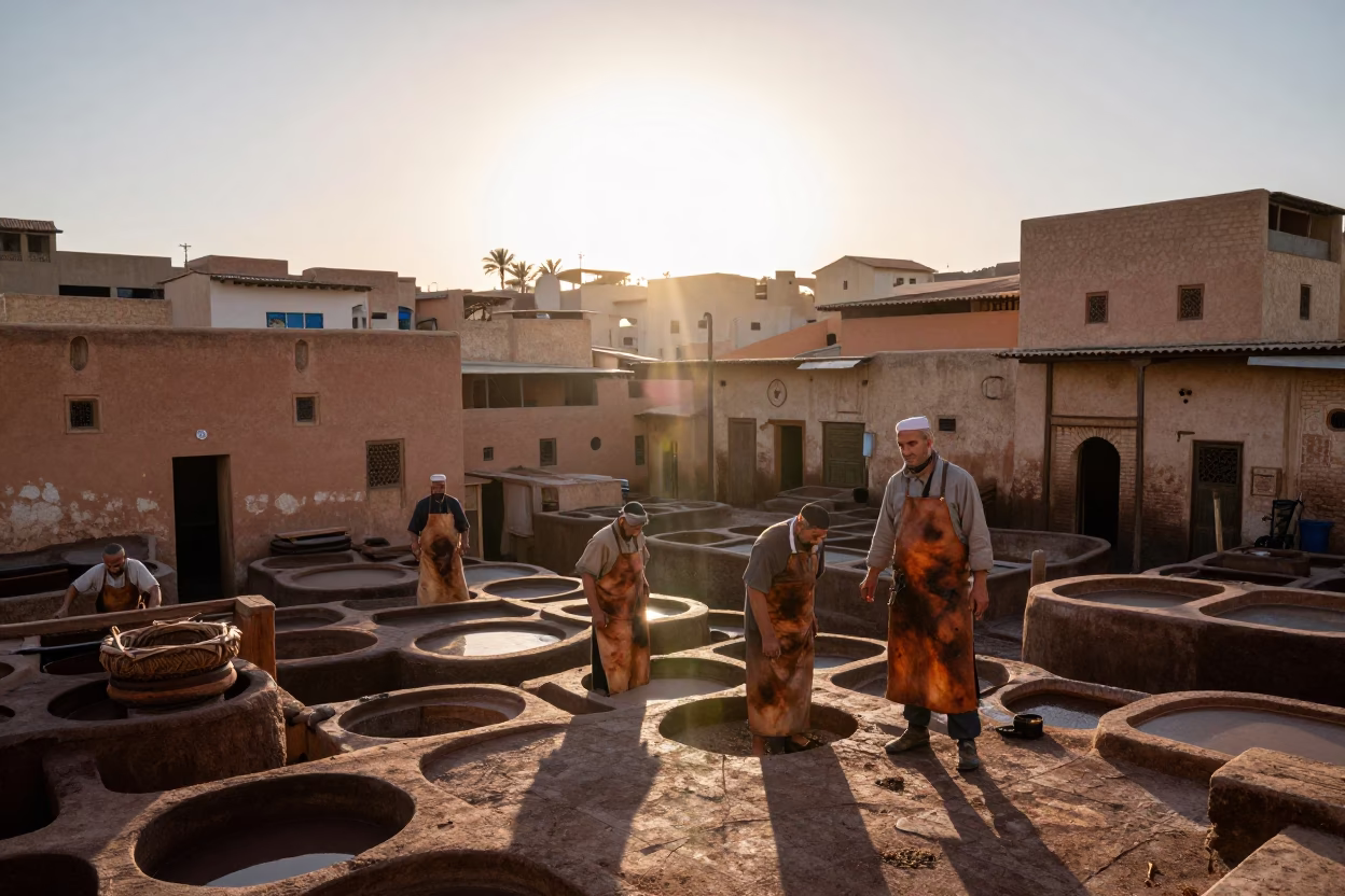 Morning Light on Traditional Leather Aprons in Fez Tannery Yard in in Fez, Morocco