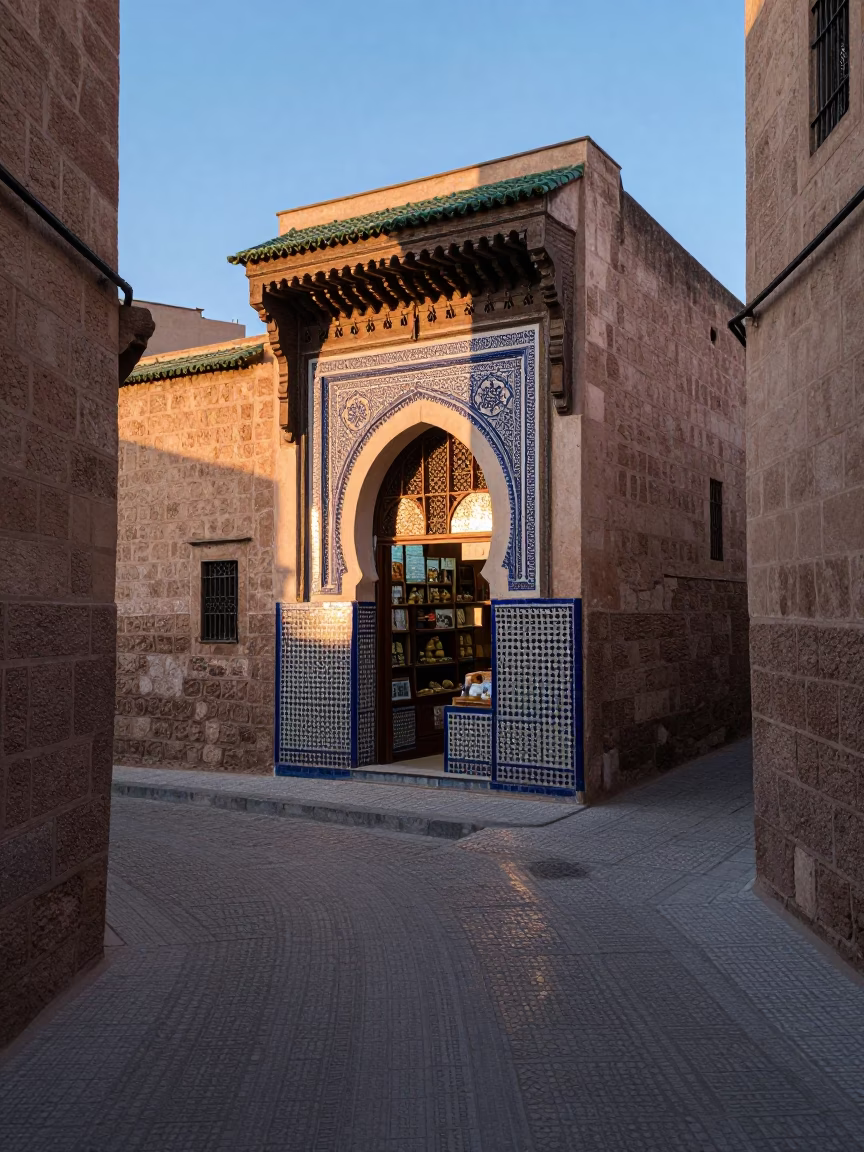 Morning light on traditional zellige tiles in Fez Morocco narrow alleyway in in Fez, Morocco