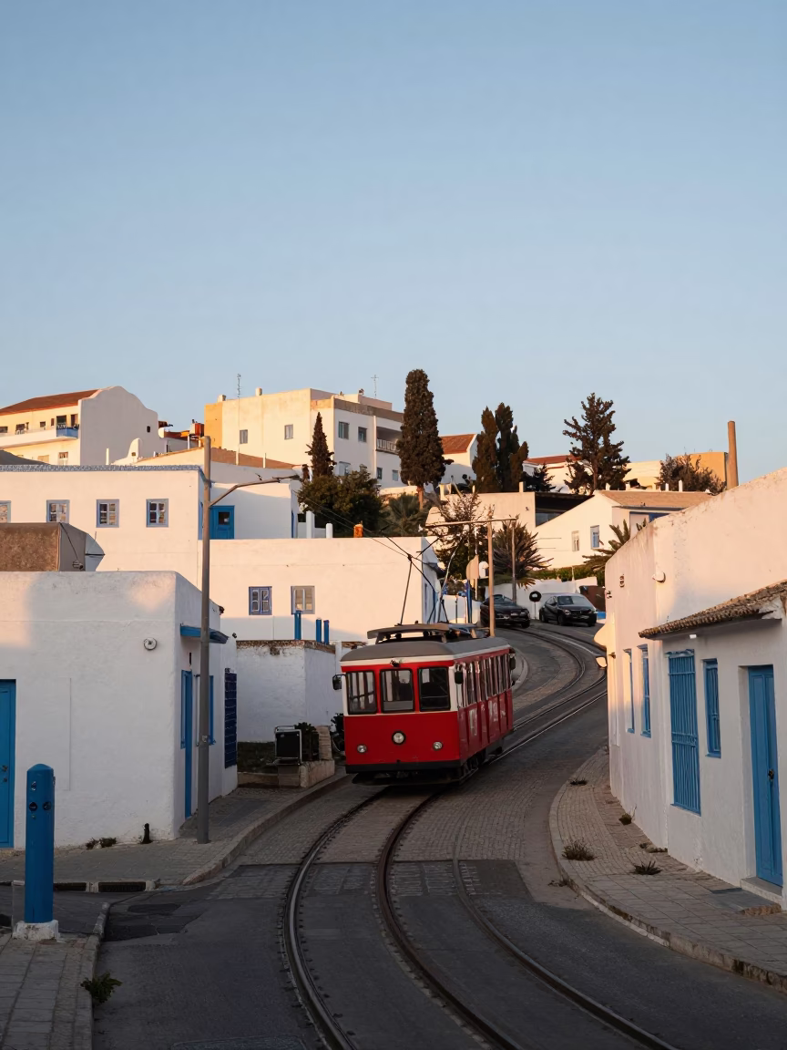 Morning light on Tunis hillside street with funicular railway and local life in in Tunis, Tunisia